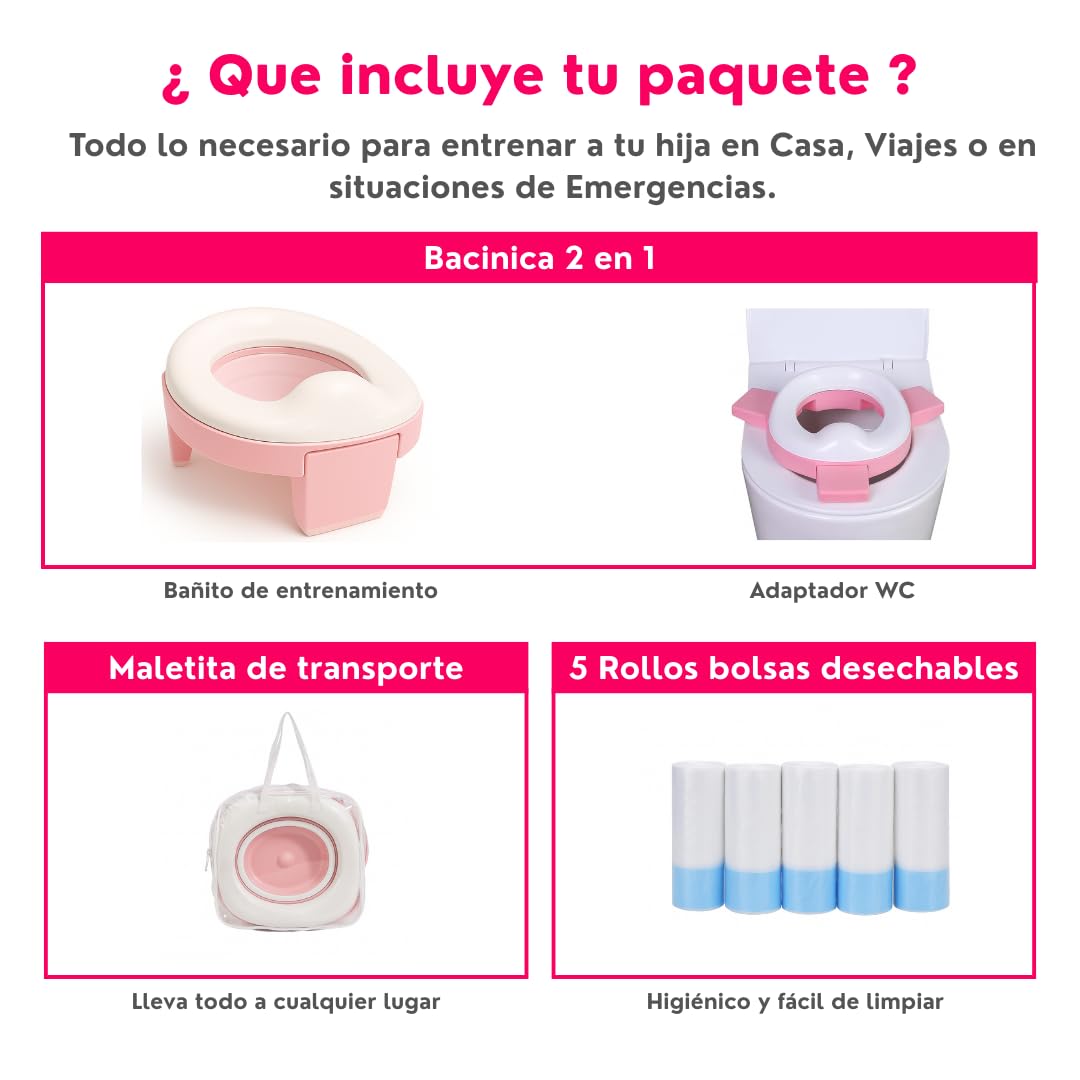 Baño Entrenador Niño 2 en 1 (Bacinica Portátil y Asiento de Inodoro). Para Potty Training. Plegable, Fácil y Seguro, Ideal para Casa, Viajes, Camping. Incluye: Maletita, 5 Rollos de Bolsas (Rosa)