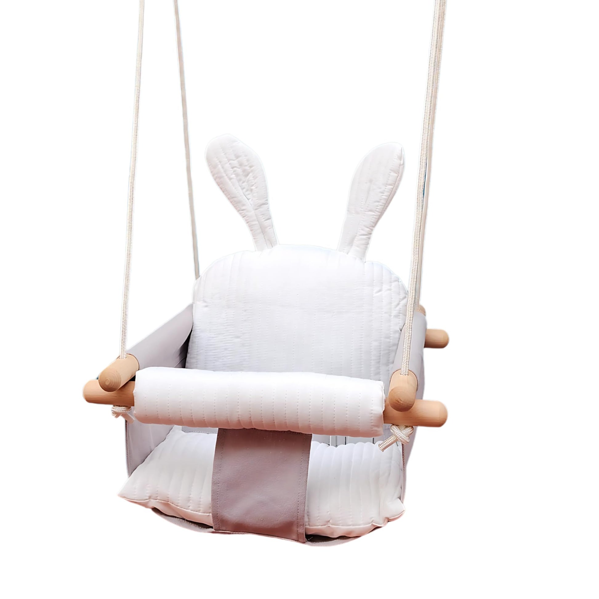 IVREA Asiento de Columpio de Tela Acolchado Modelo Conejo para Bebés y Niños Pequeños - Altura Ajustable, Diseño Seguro, Suave y Cómodo. Gris/Blanco.