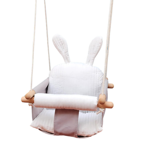 IVREA Asiento de Columpio de Tela Acolchado Modelo Conejo para Bebés y Niños Pequeños - Altura Ajustable, Diseño Seguro, Suave y Cómodo. Gris/Blanco.