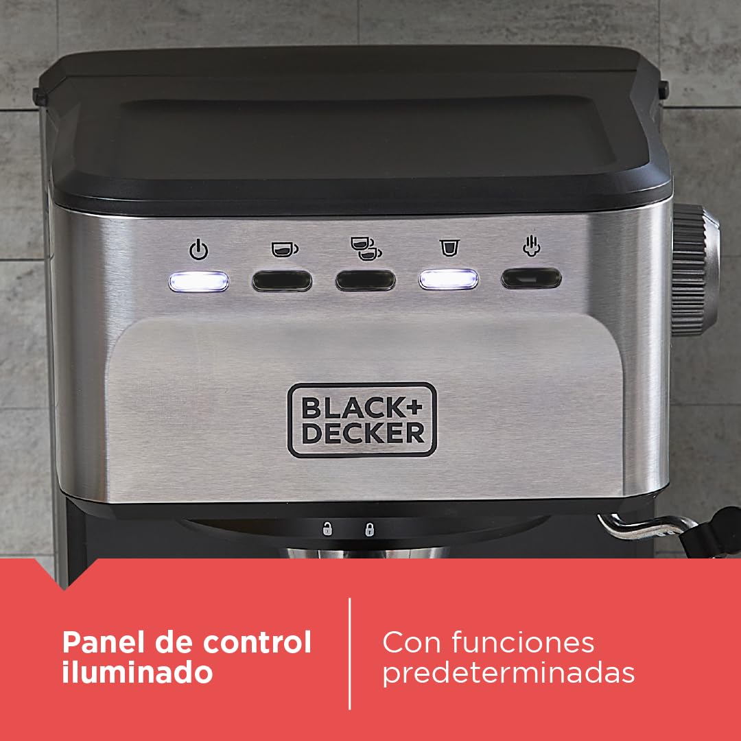 BLACK+DECKER Máquina de Espresso Semi Automática, 20 Bares, Compatible Cápsulas Nespresso y Café Molido, EM0312-0SDLA