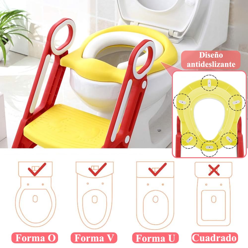 Baño Entrenador Niño, Asiento Entrenador para Baño con Tapizado y Escalera Antideslizante, Plegable Escalera para Baño Niños, Fácil de Guardar, Asiento Ergonómico, Edad de 3 a 10 Años, Rojo Amarillo
