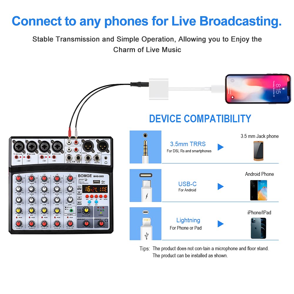 BOMGE - Mezclador de sonido de audio de 6 canales, consola de mezcla profesional para DJ digital para transmisión en vivo, karaoke y grabación estéreo, con reproducción de grabación de computadora de