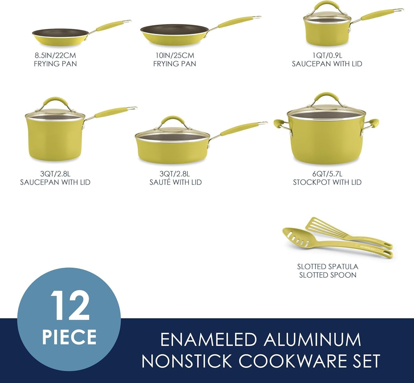 Rachael Ray Cucina - Batería de cocina antiadherente, porcelana dura, 12 piezas, Verde Limon