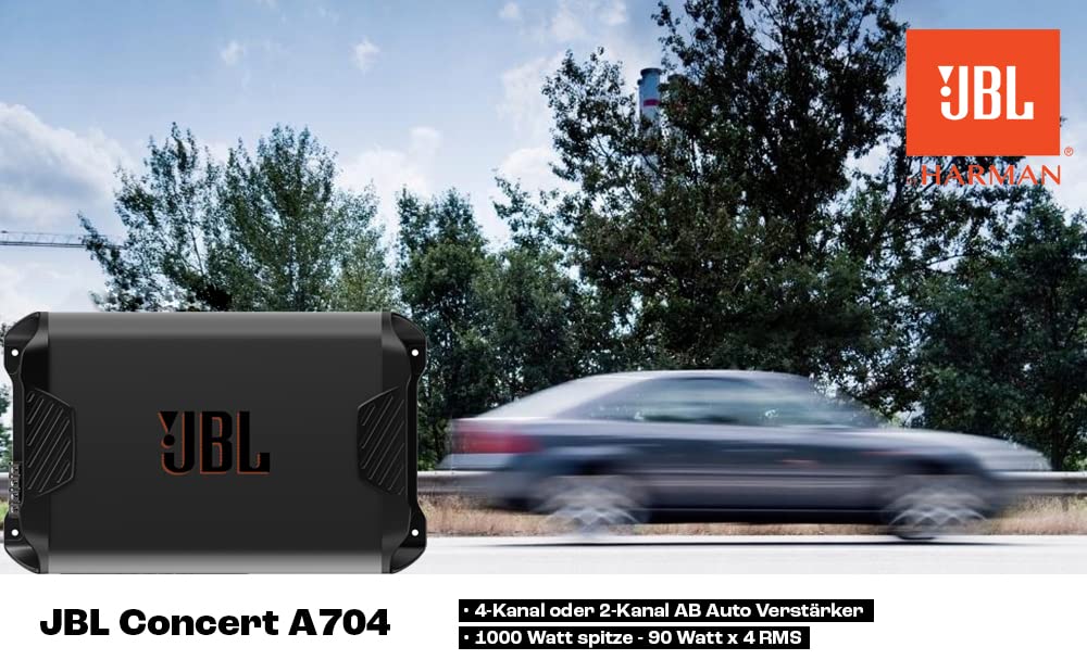 JBL Concert A704 - Amplificador de 4 canales para coche (clase AB, 4 x 70 W RMS, punta de 1000 W, para 4 altavoces de coche, 2 más 1 subwoofer, o 2 altavoces)