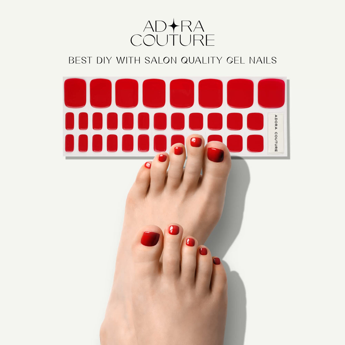 Adora Couture - Tiras de uñas de gel semicuradas para pedicura, 32 tiras de gel rojo brillante y liso, color rojo brillante, para uñas de salón en casa, kit de pedicura, requiere luz UV (rojo P)