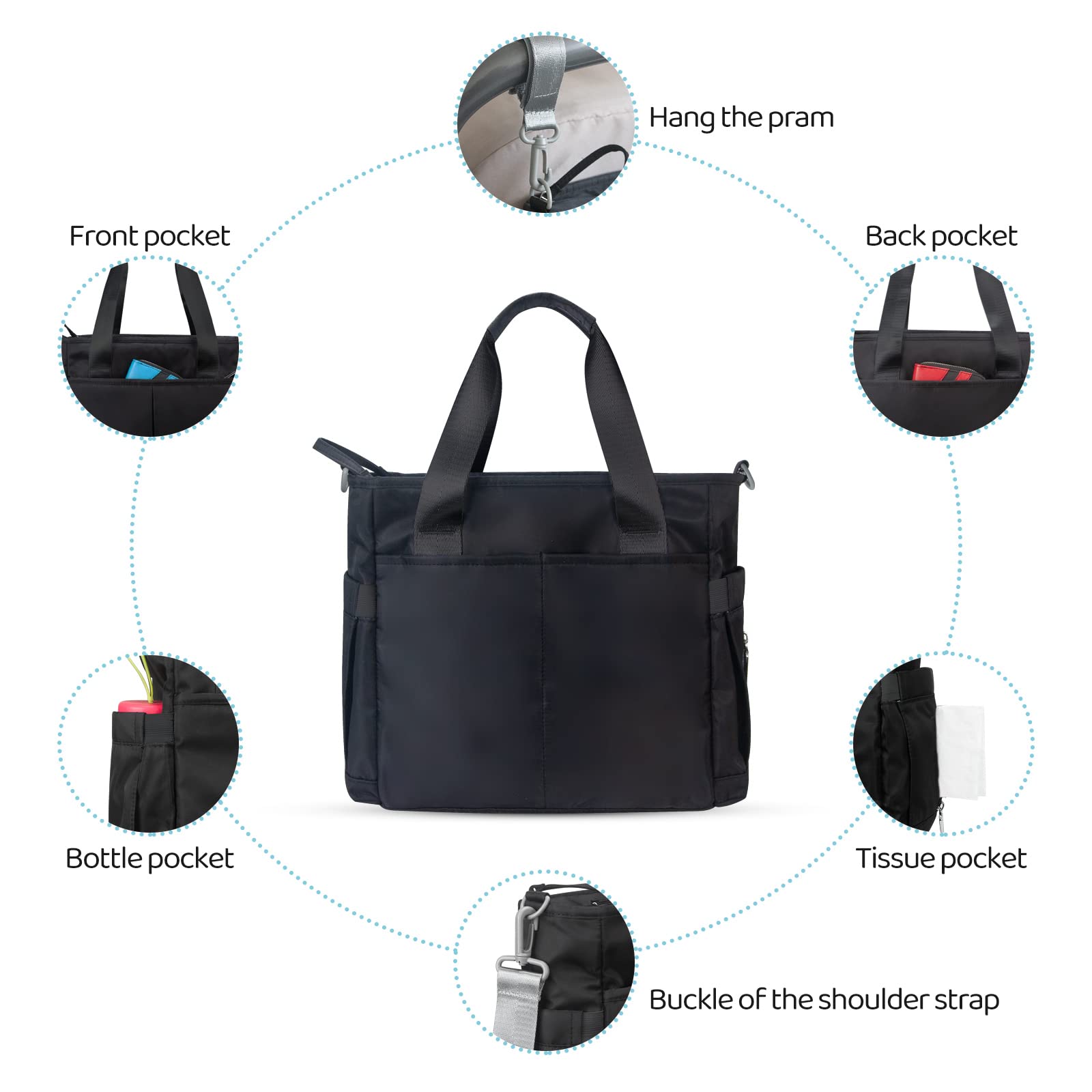 PHEBEN - Bolsa de pañales impermeable para bebé con mensajero para mamá y papá, multifuncional, tamaño mediano, para viaje (color negro)