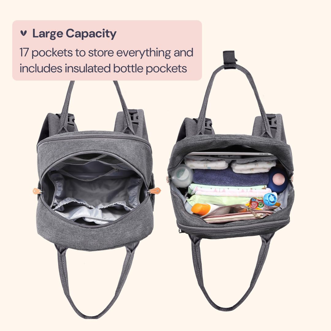 BabbleRoo - Mochila para pañales, multifuncional, impermeable, bolsa de pañales para bebé, con cambiador, correas para carriola y funda para chupete, unisex, gris oscuro
