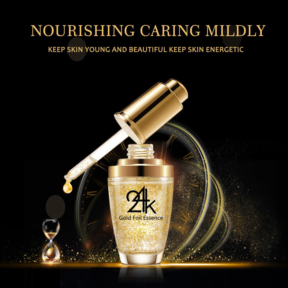 Serum Treatment for Women: 24K Gold Foil Essence with Hyaluronic Acid - Anti Aging, Wrinkle Moisturizing, Firming Face Care - 30ml