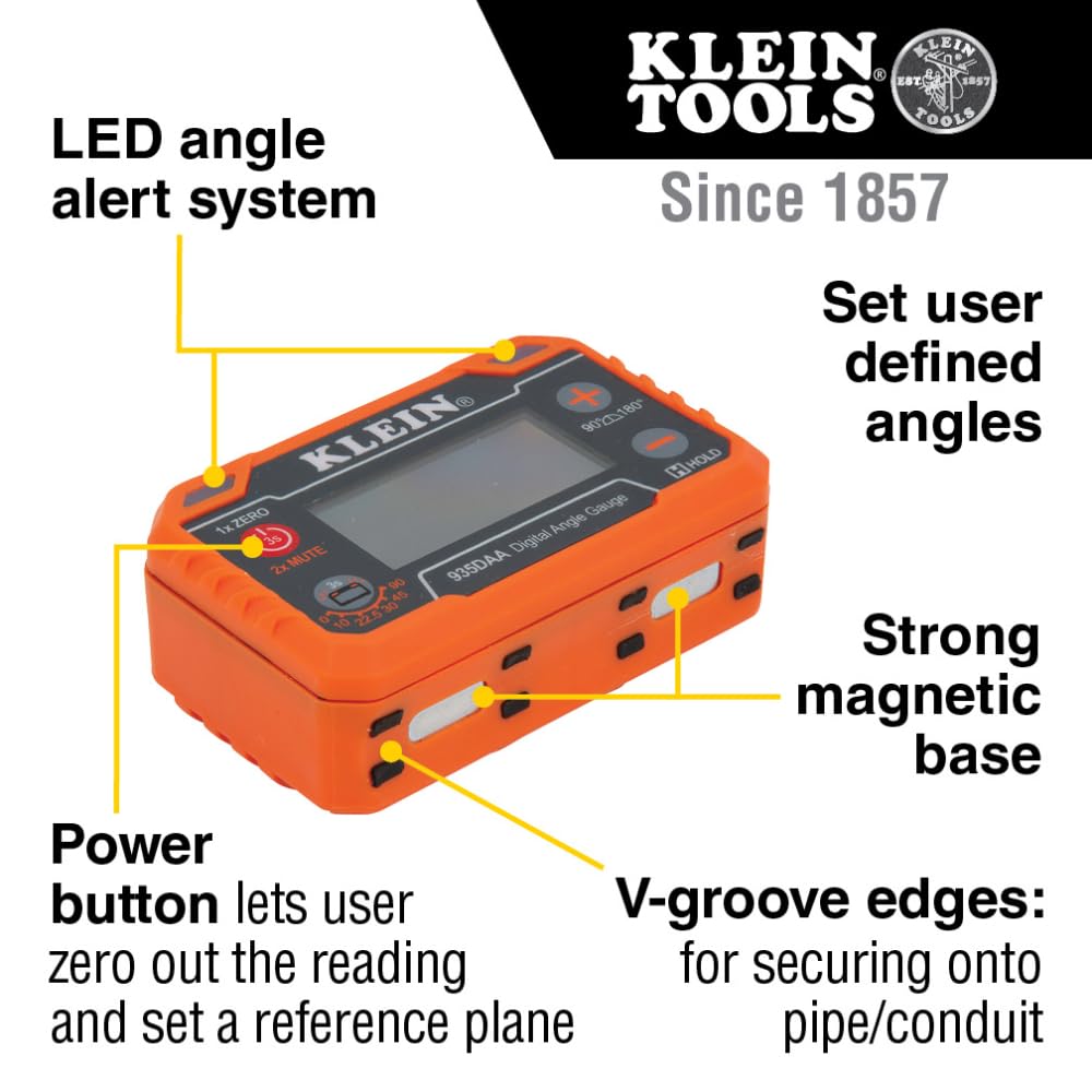 Klein Tools 935DAA Medidor electrónico digital de nivel y ángulo, alerta de ángulo LED, medición y ajuste de ángulos, rangos de 0-90 y 0-180 grados