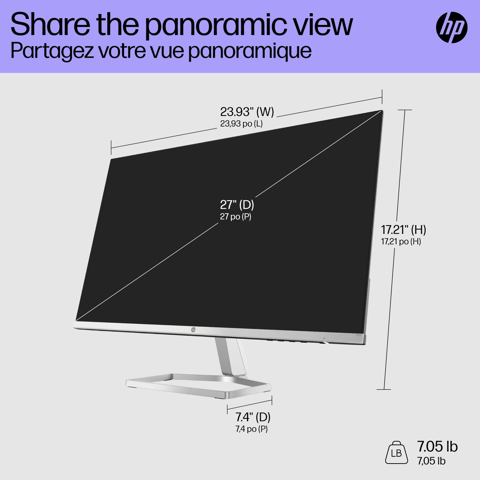 HP Monitor HP M27f Full HD, IPS, 1920 x 1080, 75 Hz, 5ms GtG, 27", FreeSync, Antirreflejante, Luz Azul Baja, Ultra Delgado, Micro Bordes, Ajustable, VGA, HDMI, Plata/Negro (2G3D3AA)