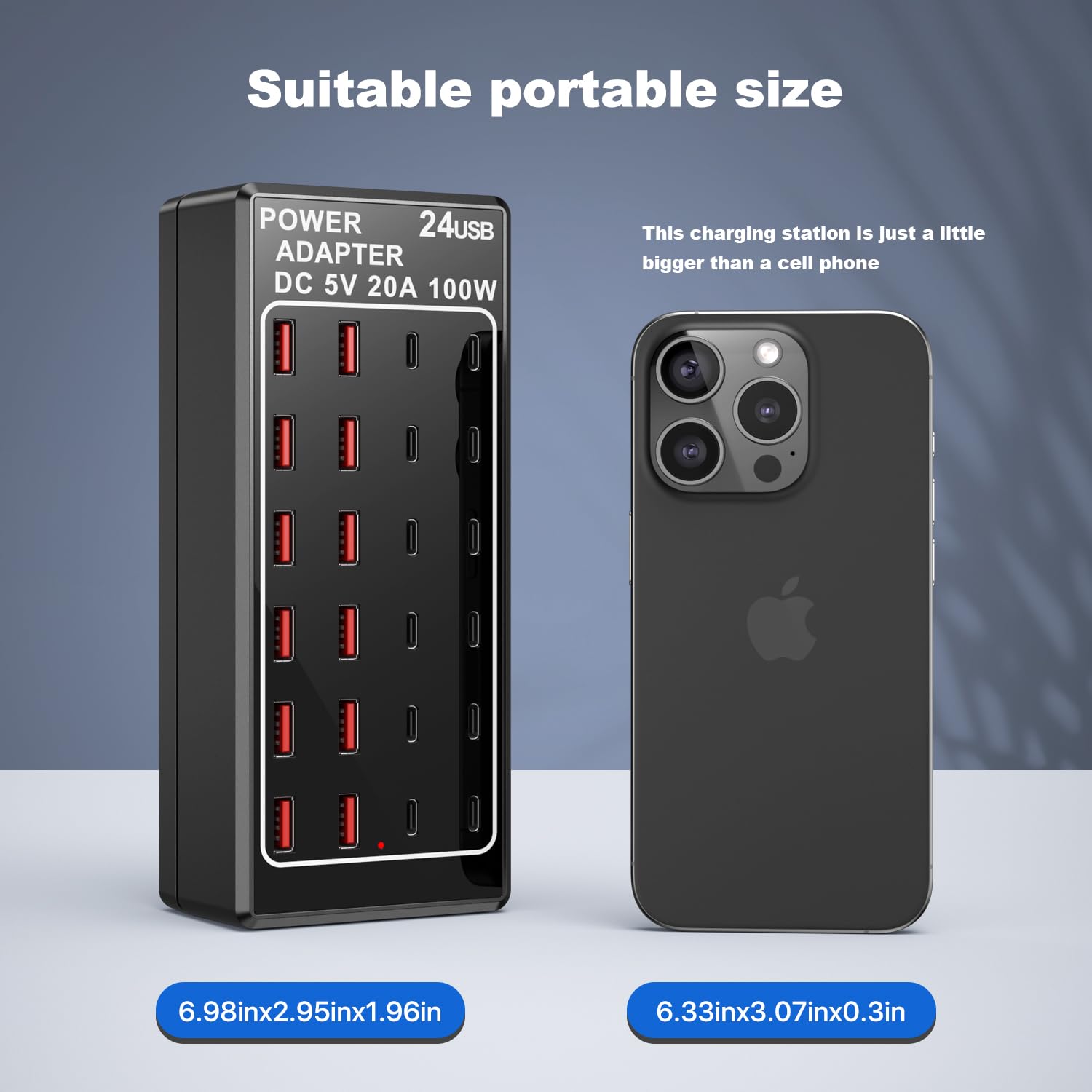 Cargador USB, bloque de cargador USB C, 100 W (20 A), 24 puertos, múltiples USB, cargador de pared, 12 USB A 12 USB C compatible con Apple iPhone, iPad, Samsung Galaxy, portátil, Pixel, teléfonos