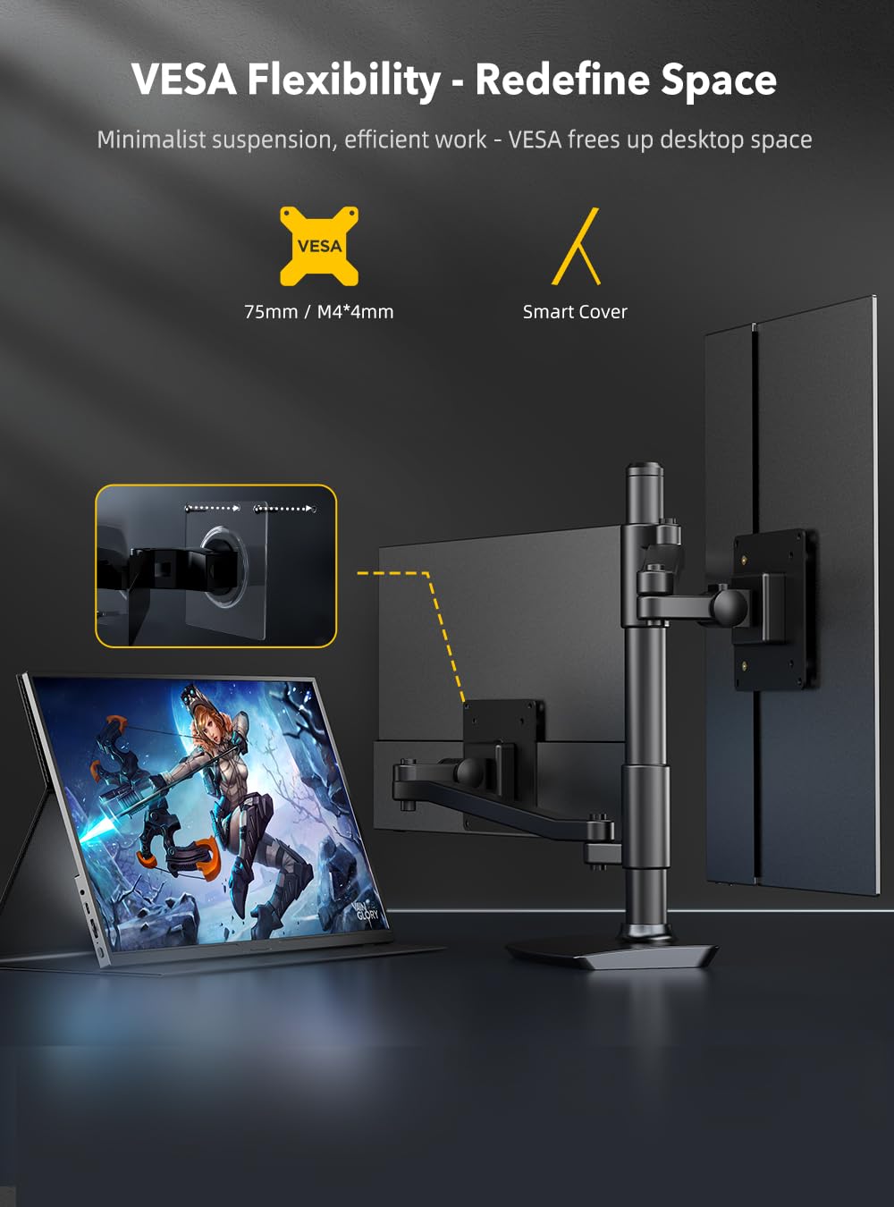 UPERFECT True 4K Monitor portátil, [nueva versión] UHD IPS 3840 x 2160 USB C, marco de metal único de arco, 100% Adobe RGB 600 Nits brillo, altavoz HDR FreeSync HDMI Tipo-C OTG con funda inteligente