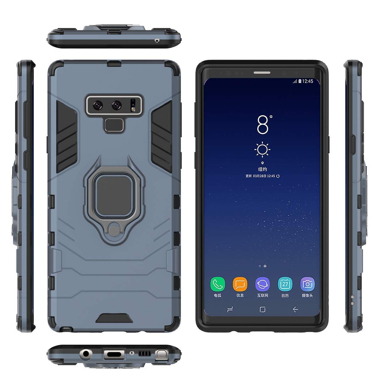 Compatible con Galaxy Note 9 Funda, Anillo Metálico Sujeción Soporte Antichoque Rígido Caja (Funciona con el Montaje de Coche Magnético) Doble Capa Sólido Case Carcasa para Samsung Galaxy Note 9 (Azul Marino)