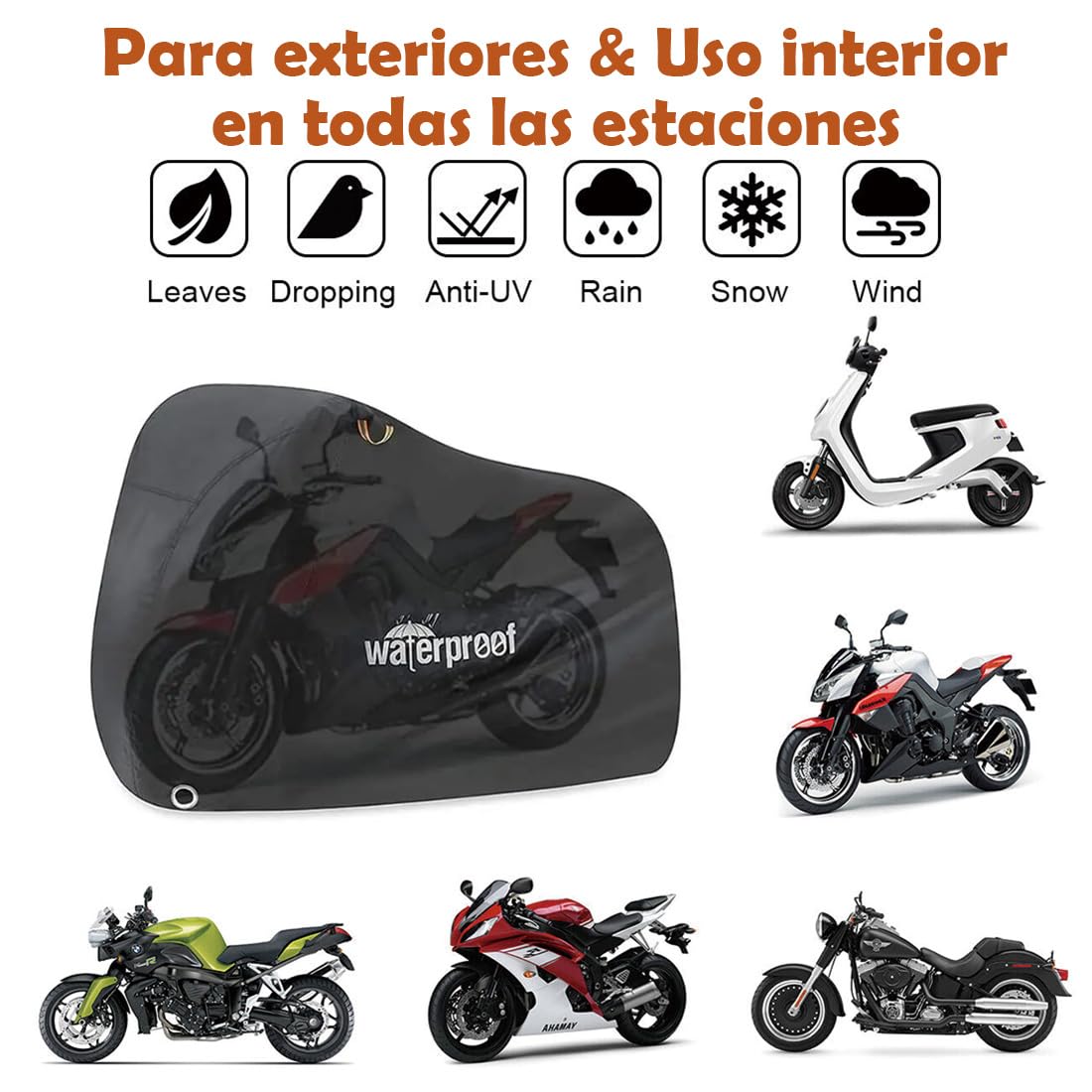 Cubierta de Motocicleta,funda moto para Todas las Estaciones,Protección al Aire Libre a Prueba de Agua y Solar,con Bolsa Almacenamiento,Apto para Vehículos Motocicleta hasta 105"