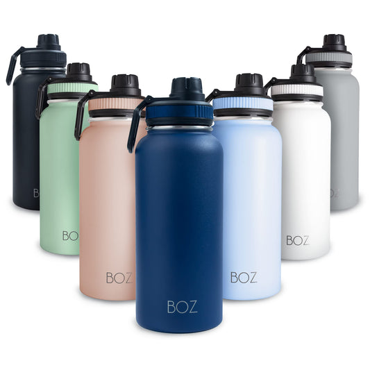 BOZ Botella de agua de acero inoxidable, termo de acero inoxidable 1 litro XL (1 L / 34 oz) boca ancha, sin BPA, aislamiento de doble pared al vacío (Monaco Blue)