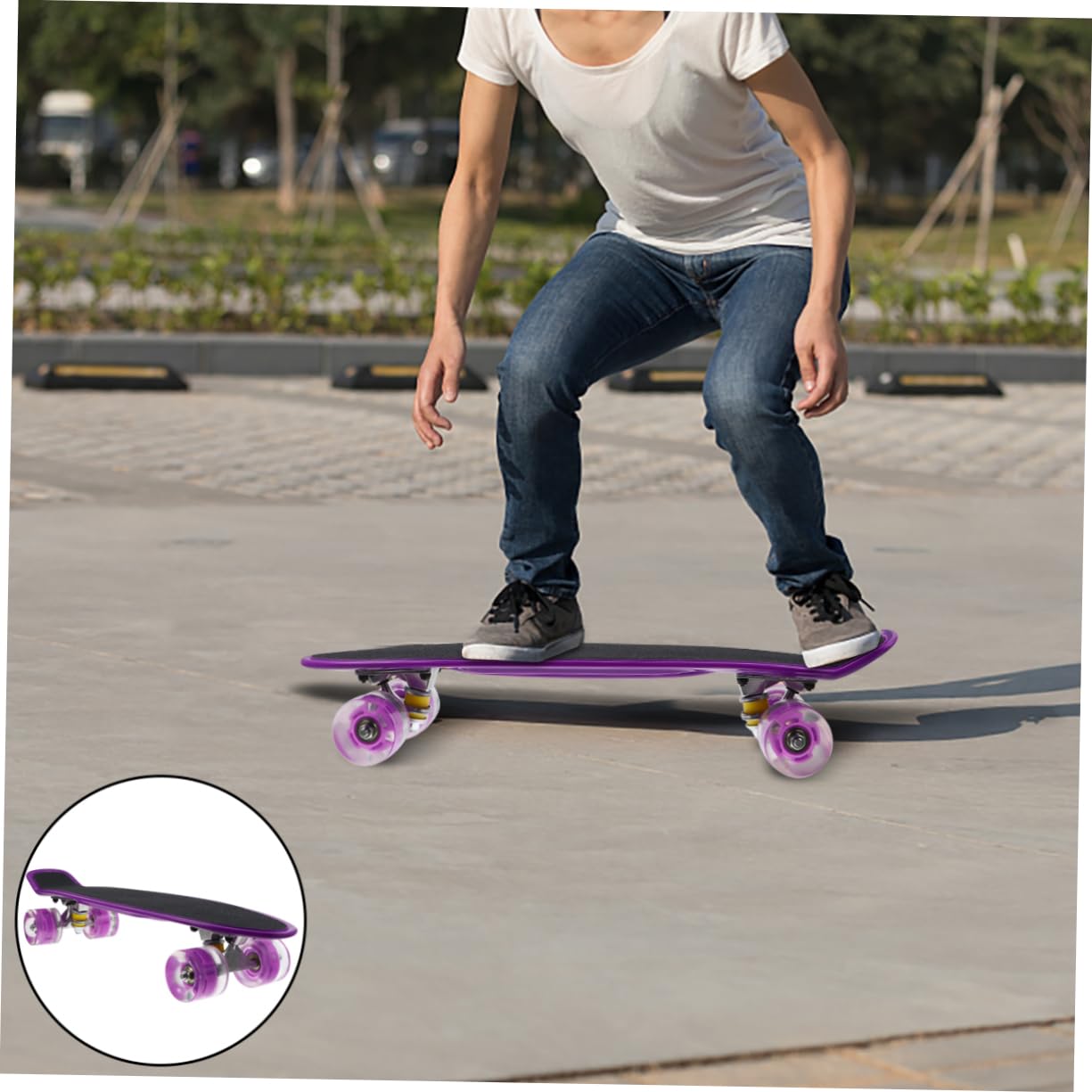 INOOMP - Monopatín esmerilado pequeño para peces retro, para adolescentes, principiantes, mini longboard, para exteriores, completos, juguetes flash, placa deslizante, color morado, para niños,