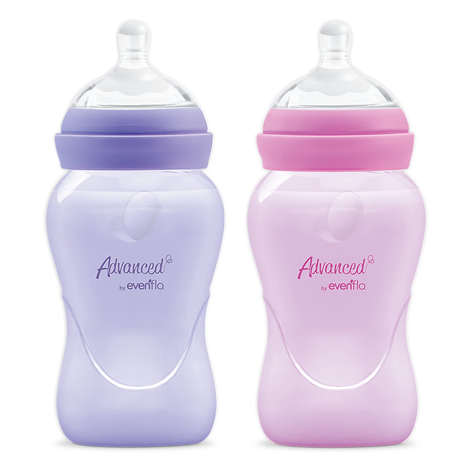 Advanced by Evenflo, Biberón Anticólicos Cuello Ancho, Niña, Color Rosa y Lila, Flujo Medio, 9oz/270ml, 2 piezas, MEX.