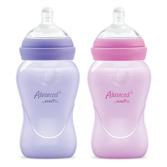 Advanced by Evenflo, Biberón Anticólicos Cuello Ancho, Niña, Color Rosa y Lila, Flujo Medio, 9oz/270ml, 2 piezas, MEX.