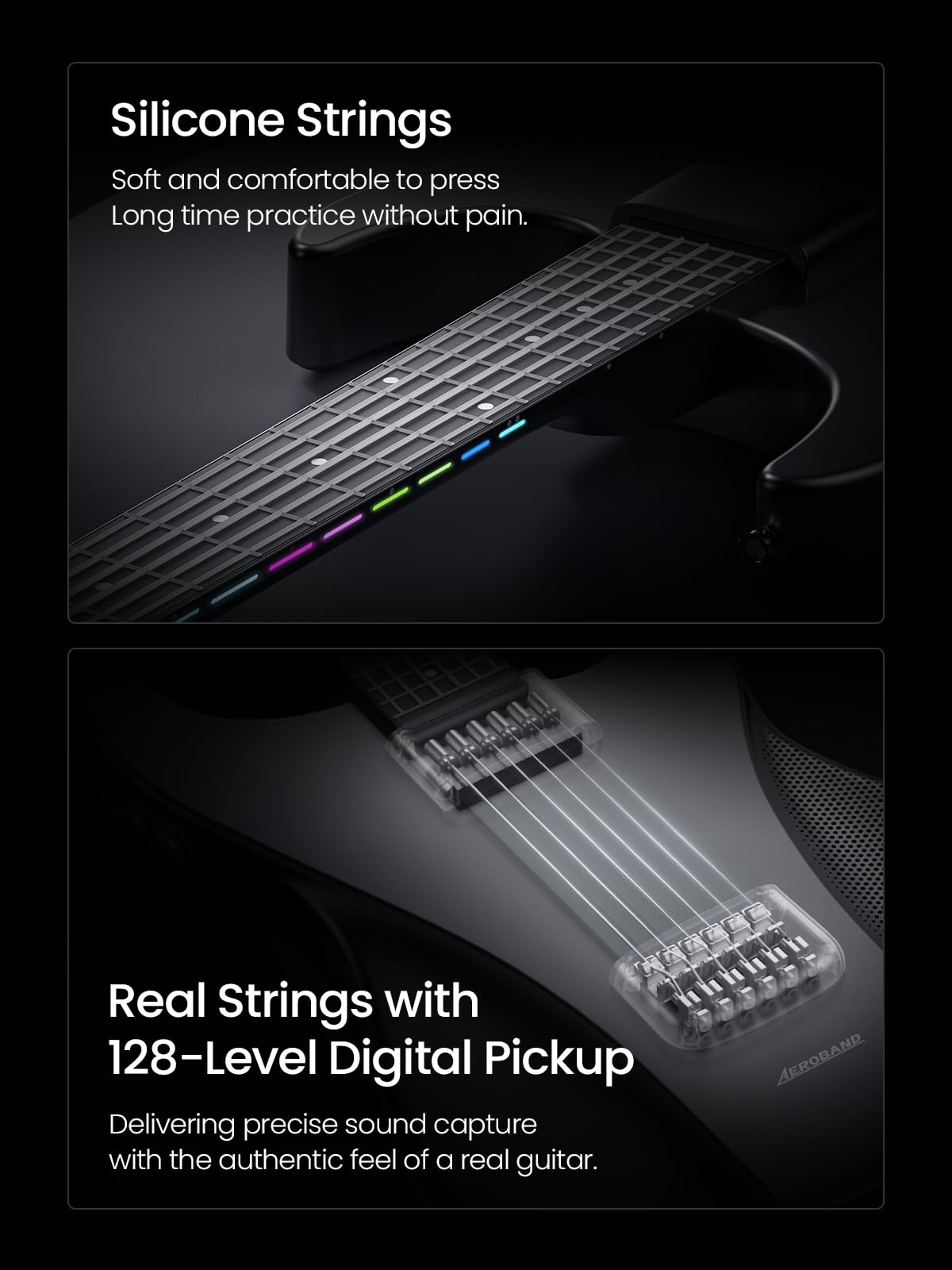 AeroBand - Guitarra inteligente con cuerdas de silicona, guitarra silenciosa de viaje con diapasón desmontable, conector para auriculares, altavoz y batería integrados, Aeroband APP Play, MIDI