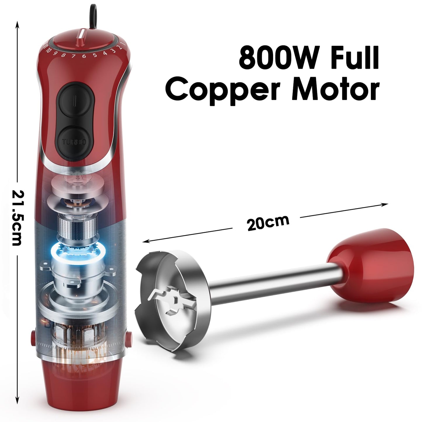 Blackcow Potente licuadora de inmersión 3.0, sin BPA, 800 W eléctrica licuadora de mano con 12 velocidades y turbo, licuadora de palo para sopa, licuado, puré, base desmontable, cuchillas 3D de acero