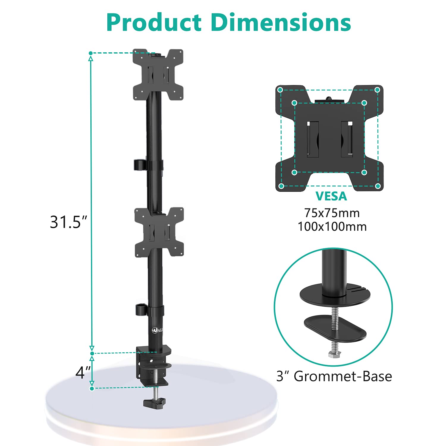Soporte de Computadora WALI Negro de Monitor Dual para Pantallas de hasta 27 Pulgadas con Base de Ojal Opcional