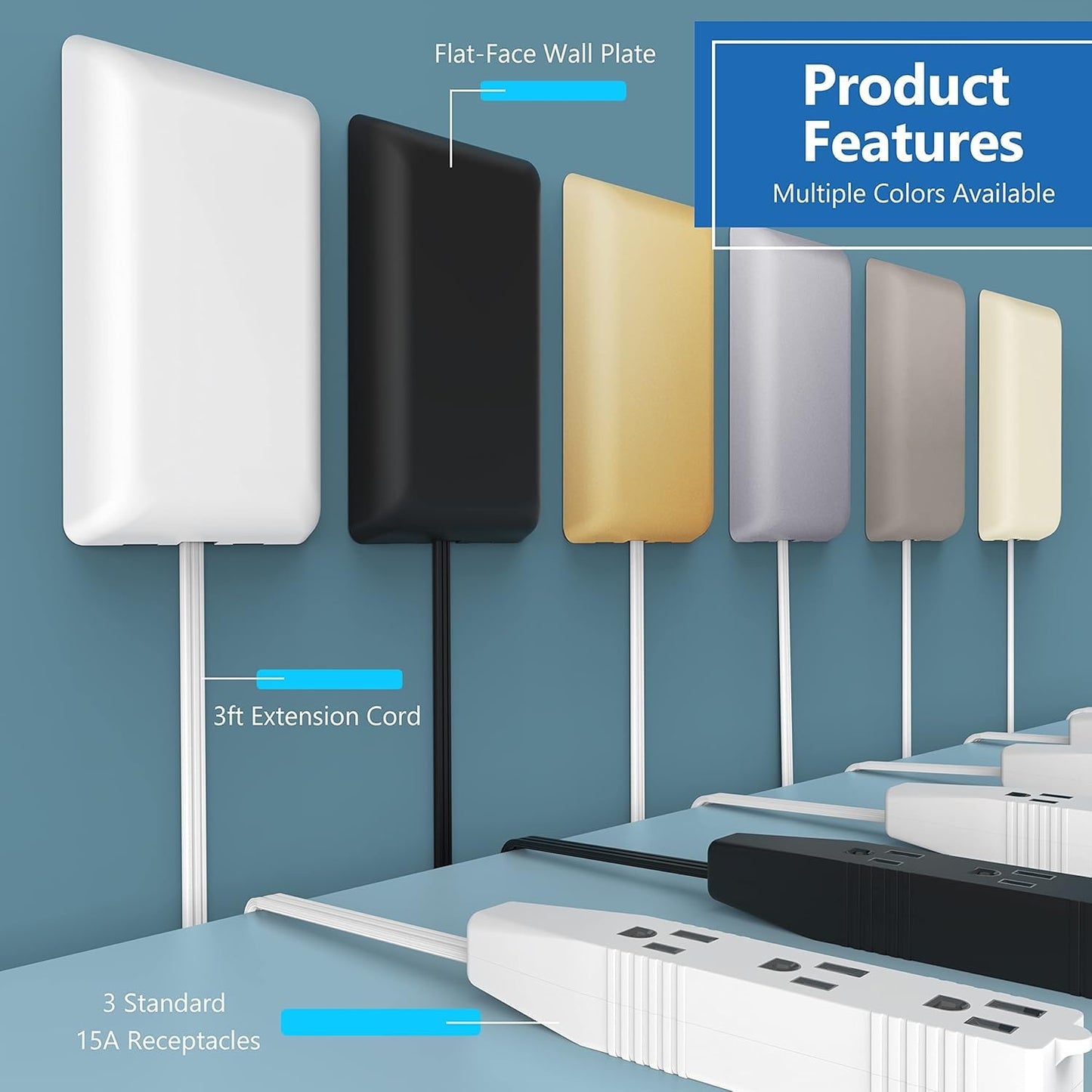 LIDER Extensor de salida de cara plana con 3 receptáculos, enchufe ultrafino de placa de pared con extensor de cable y tira de alimentación de 3 tomas, cable de 3 pies, LWE3-315-W, listado ETL, blanco