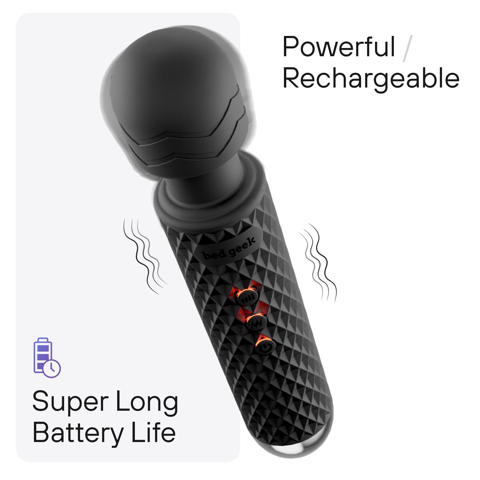 bed geek Wand Masajeador Corporal Personal Inalámbrico de Mano con Función de Memoria, Resistente al Agua, Recargable por USB, 20 Patrones de Vibración, 8 Velocidades, Silicona Suave para la Piel