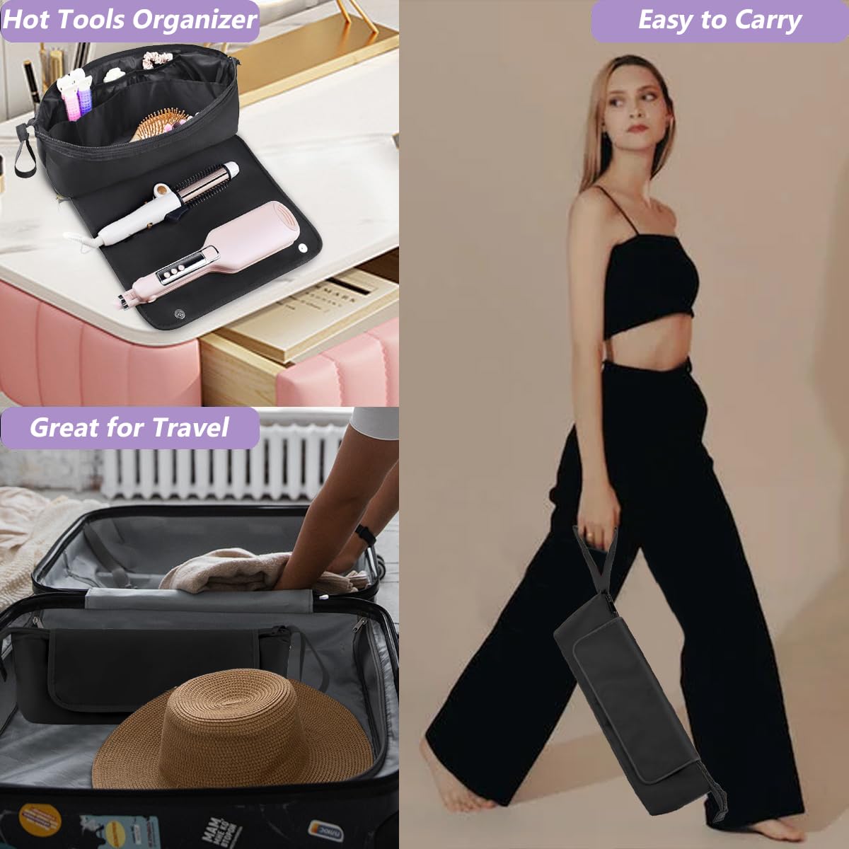 Hair Tools - Bolsa de viaje, funda de viaje de hierro plano 2 en 1 con almohadillas resistentes al calor, bolsos de viaje para peluquería resistente al calor para rizadores (Negro)