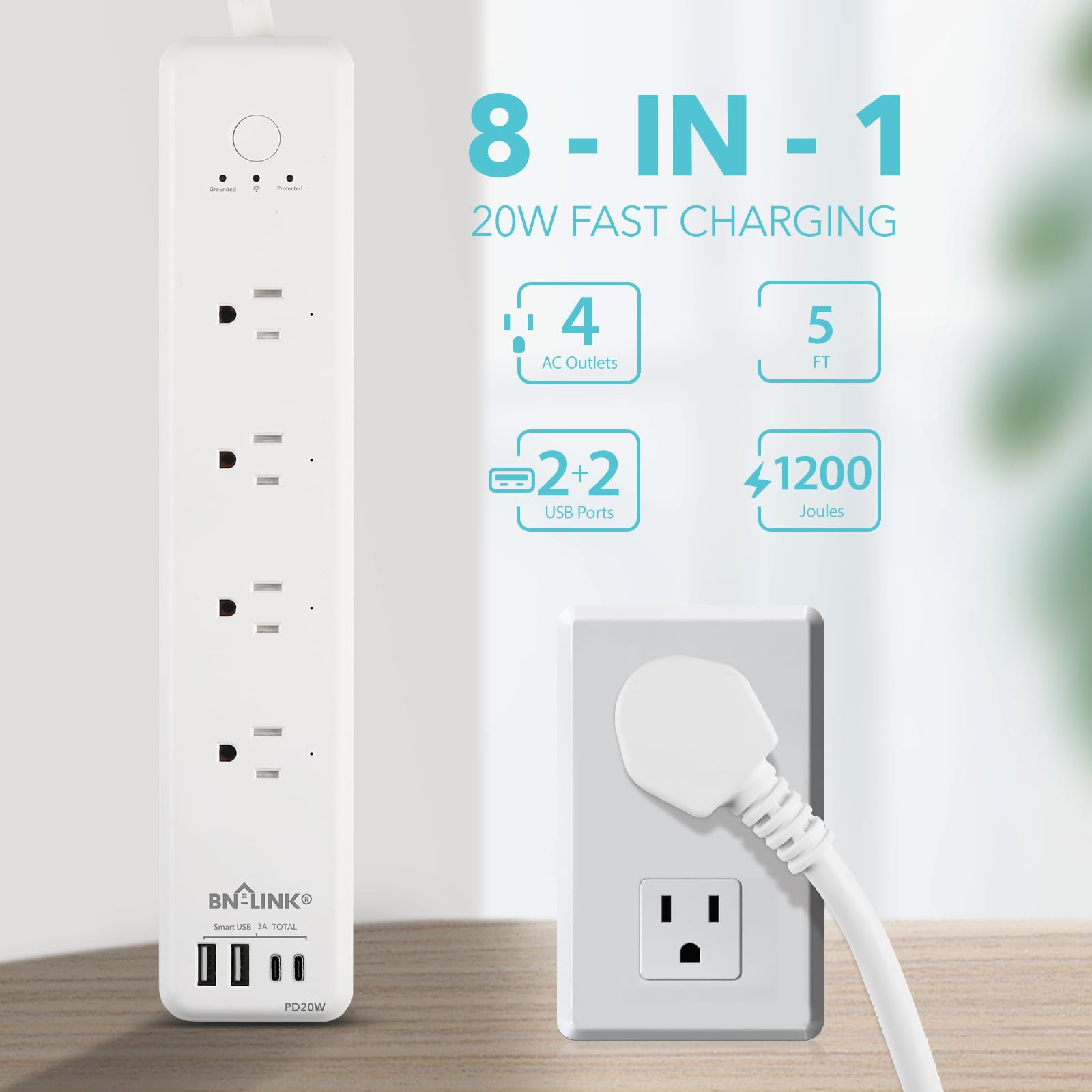 BN LINK Smart Plug Power Strip, protector contra sobretensiones con 4 tomas inteligentes controladas individualmente, 4 USB (incl. 20 W USB-C), compatible con Alexa y Google Home