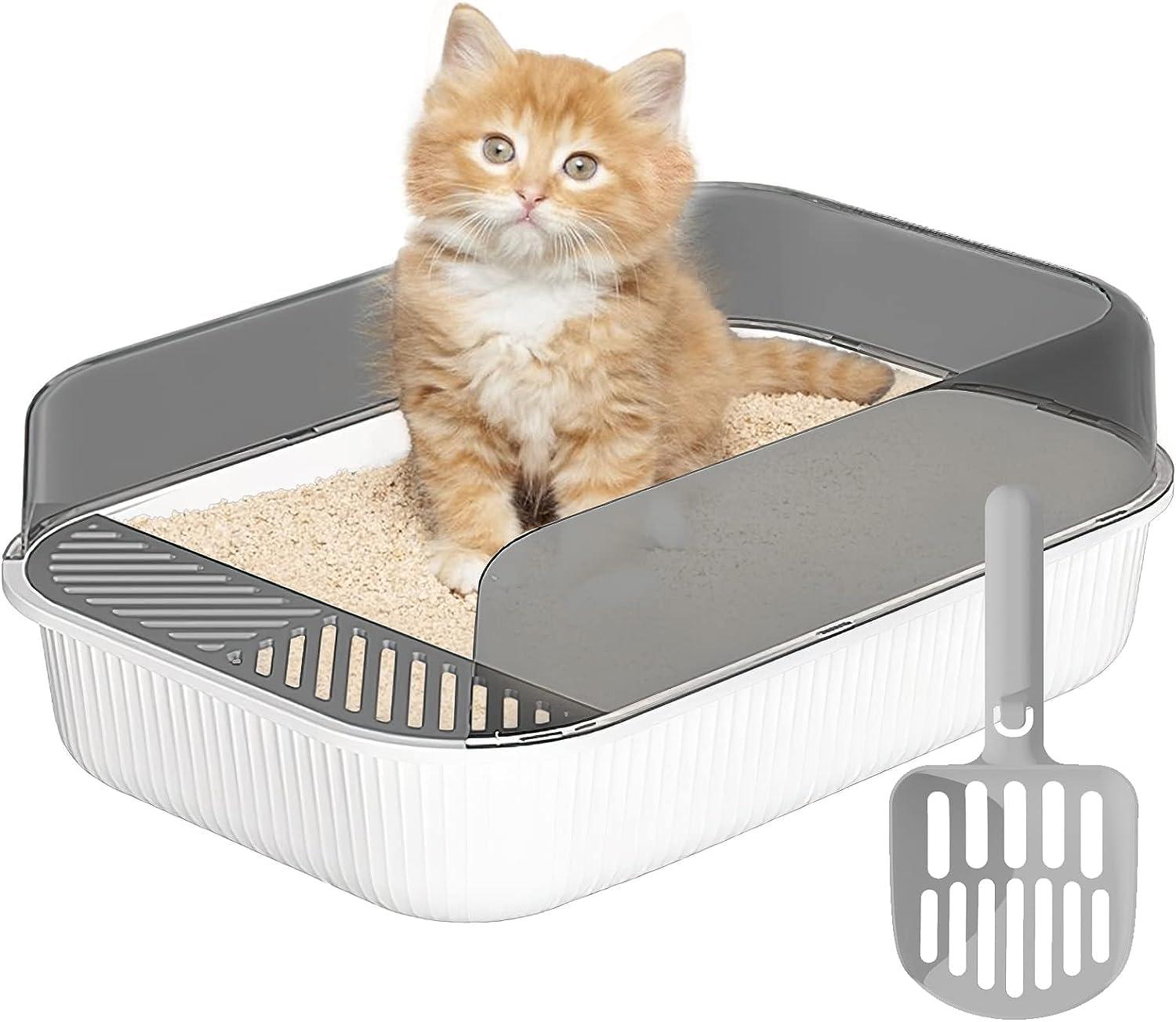 Caja de Arena para Gato, Bandeja Semicerrada para Gatos, Caja de Arena con Tapa Adecuado para Gatos Pequeños y Medianos (Blanco)