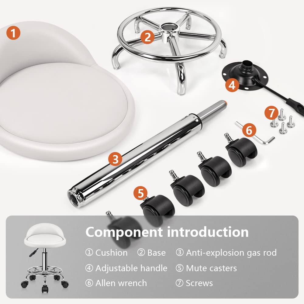 KKTONER Taburete de Cuero Artificial con Respaldo Giratorio Bancos con Ruedas de Altura Ajustable con Ruedas para Pintar Tatuaje Masaje SPA Tienda Taburete de Trabajo con Pedal(Blanco)