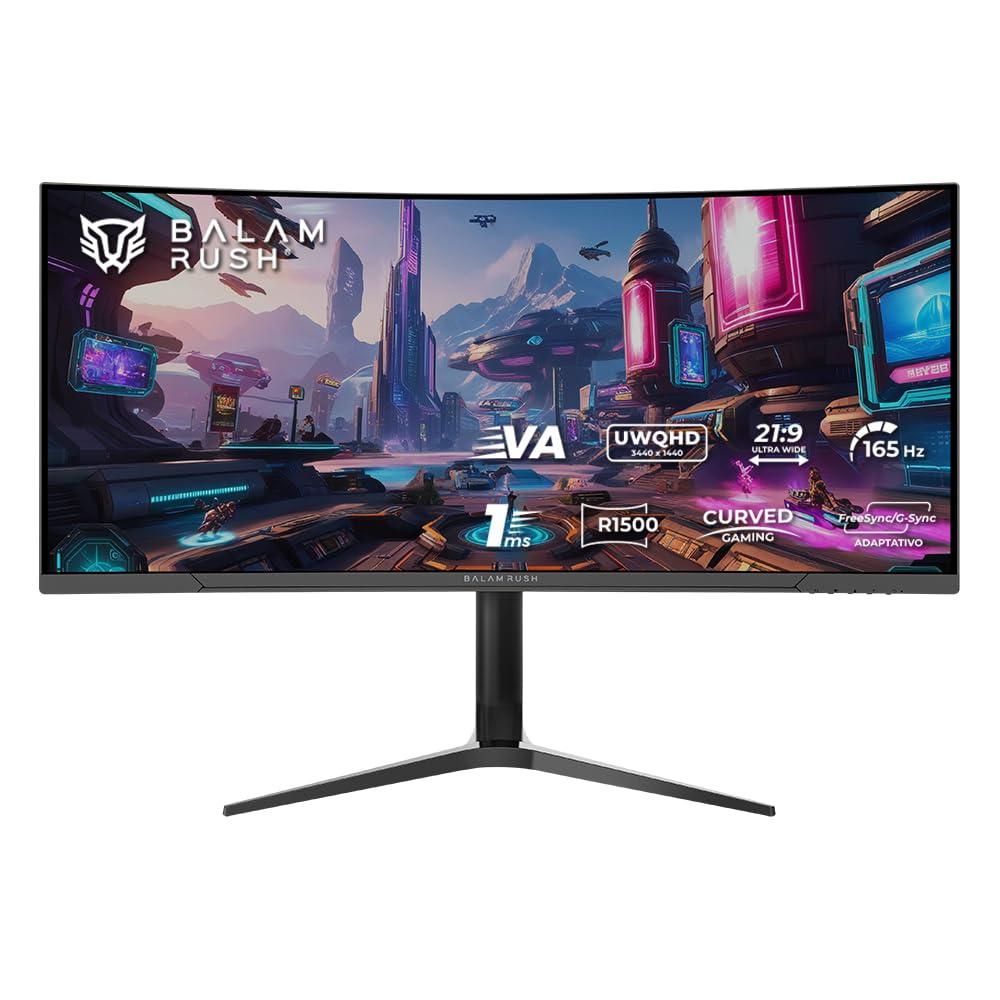 Balam Rush Monitor Gamer Curvo 34" 165hz / Extreme Earth Plus MGM34P / UWQHD R1500 / 1ms / Pip+PBP/F-Sync/G-Sync/Flicker -Free/HDR/Altura Ajustable / 2xHDMI 2.1 + 2xDP 1.4 + 3.5 mm/RGB/VESA 75mm