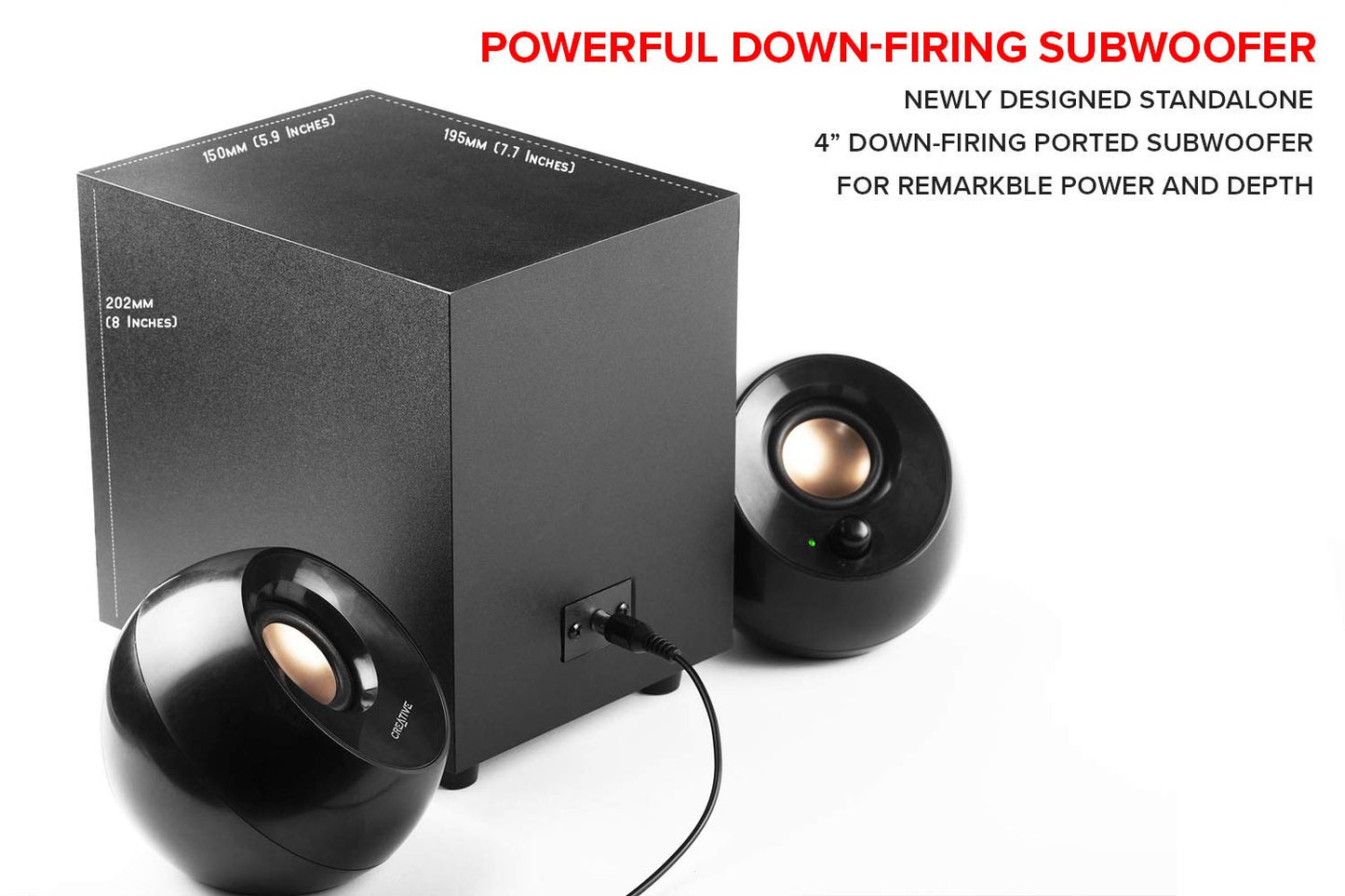 Creative Pebble Plus 2.1 Altavoces de computadora alimentados por USB con potente subwoofer de encendido y controladores de campo lejano, hasta 8 W RMS de potencia total para computadoras y portátiles (negro)