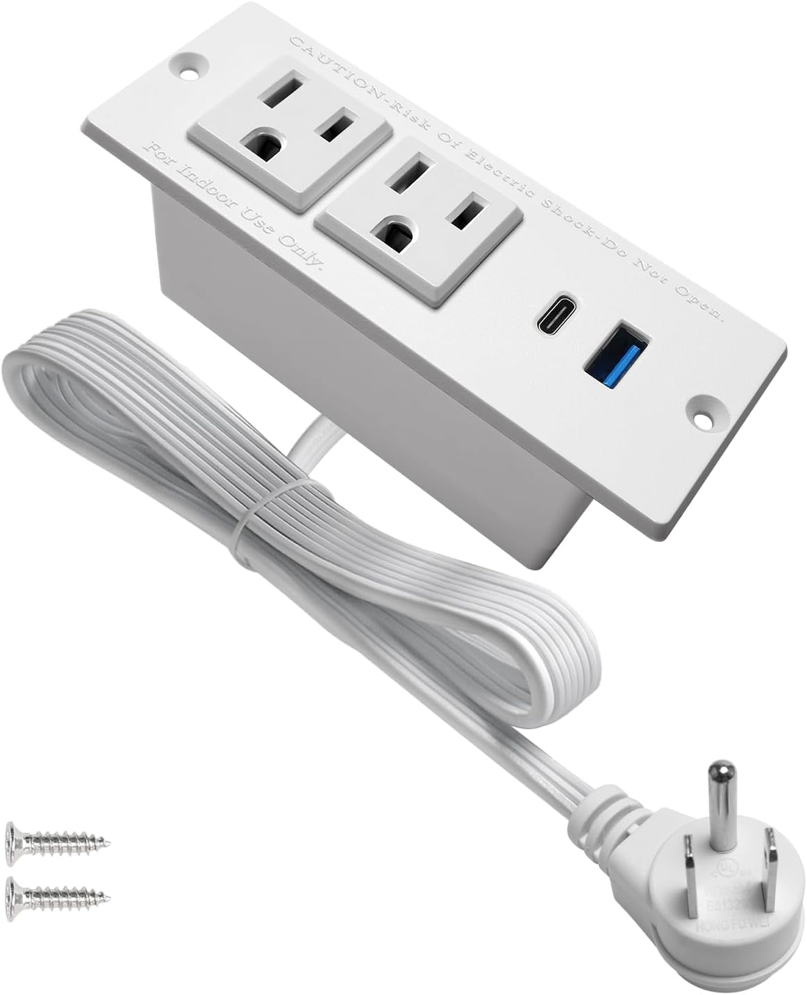 Tira de alimentación empotrada USB C de 4 hojas, estación de energía de computadora de carga rápida, 2 tomacorrientes, 2 USB (PD20W y QC18W, total 20W), enchufe plano montable, cable de extensión de