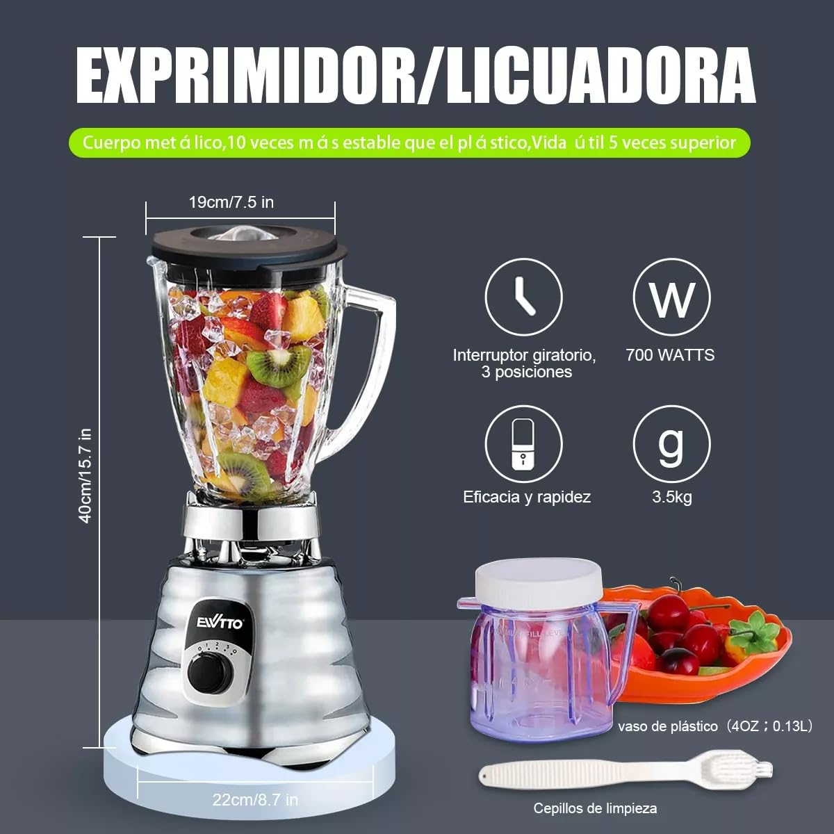 Licuadora Profesional EWTTO 700W Vidrio 4 Velocidades Multifunción