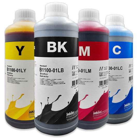Kit 4 Litros Tinta InkTec B1100 Brother Negro Cyan Amarillo y Magenta Formulada Para Su Uso En Cartuchos Recargables Y En Sistemas De Alimentación Continua CISS PSA COMPUTO Y PAPELERIA