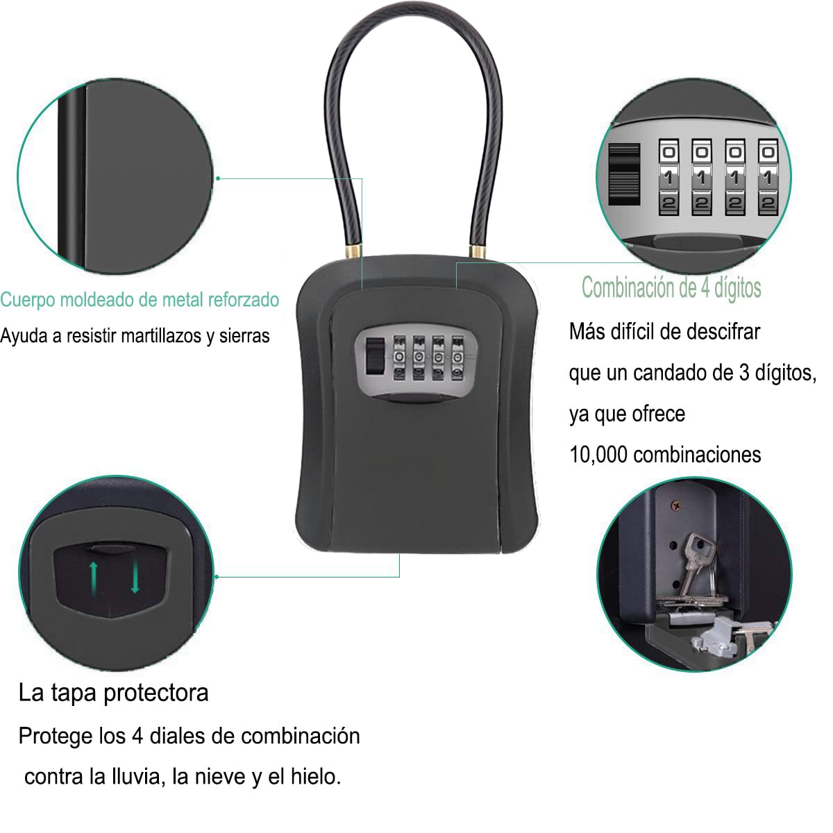 Caja de Seguridad para Llaves, Montaje en Pared, Resistente al Agua y Golpes, con Combinación de 4 Dígitos, Ideal para Uso Exterior e Interior, Protección para Hogar, Garaje y Oficina (Negro)