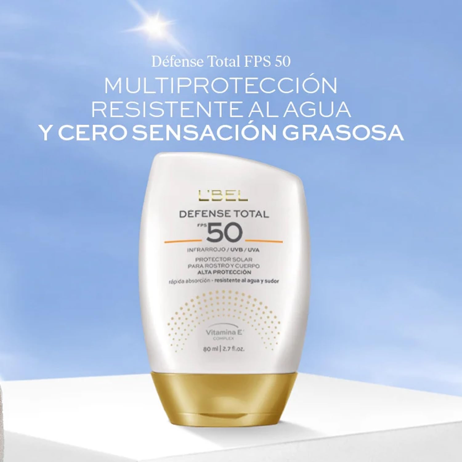 L'BEL - Défense Total Protector Solar para Rostro y Cuerpo 80 ml, Alta Protección FPS 50+, de Amplio Espectro, Crema Solar de Rápida Absorción, Resistente al Agua y Sudor, Ideal para Actividades en Exterior