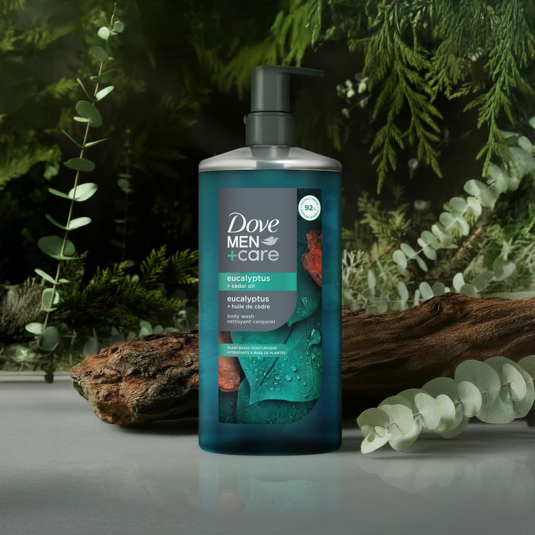 DOVE MEN + CARE Gel De Baño Con Aceite De Eucalipto Y Cedro Para Reconstruir La Piel En La Ducha Con Limpiadores Y Humectantes A Base De Plantas, 26 Oz