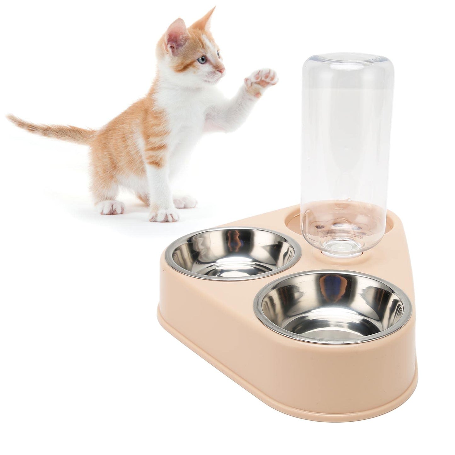 Cuencos Dobles para Perros y Gatos, Juego de Cuencos para Comida Con Botella de Agua para Mascotas, Cuencos Triples para Evitar Derrames con Botella de Agua Automática para Perros y Gatos(Rosa)