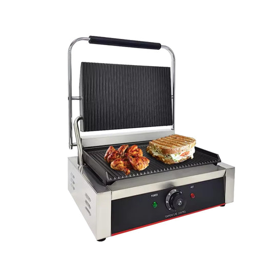 KOUWO Prensa comercial Panini con parrilla ranurada para sándwiches, parrilla de contacto eléctrica individual (parte superior e inferior ranurada), ECG-811E