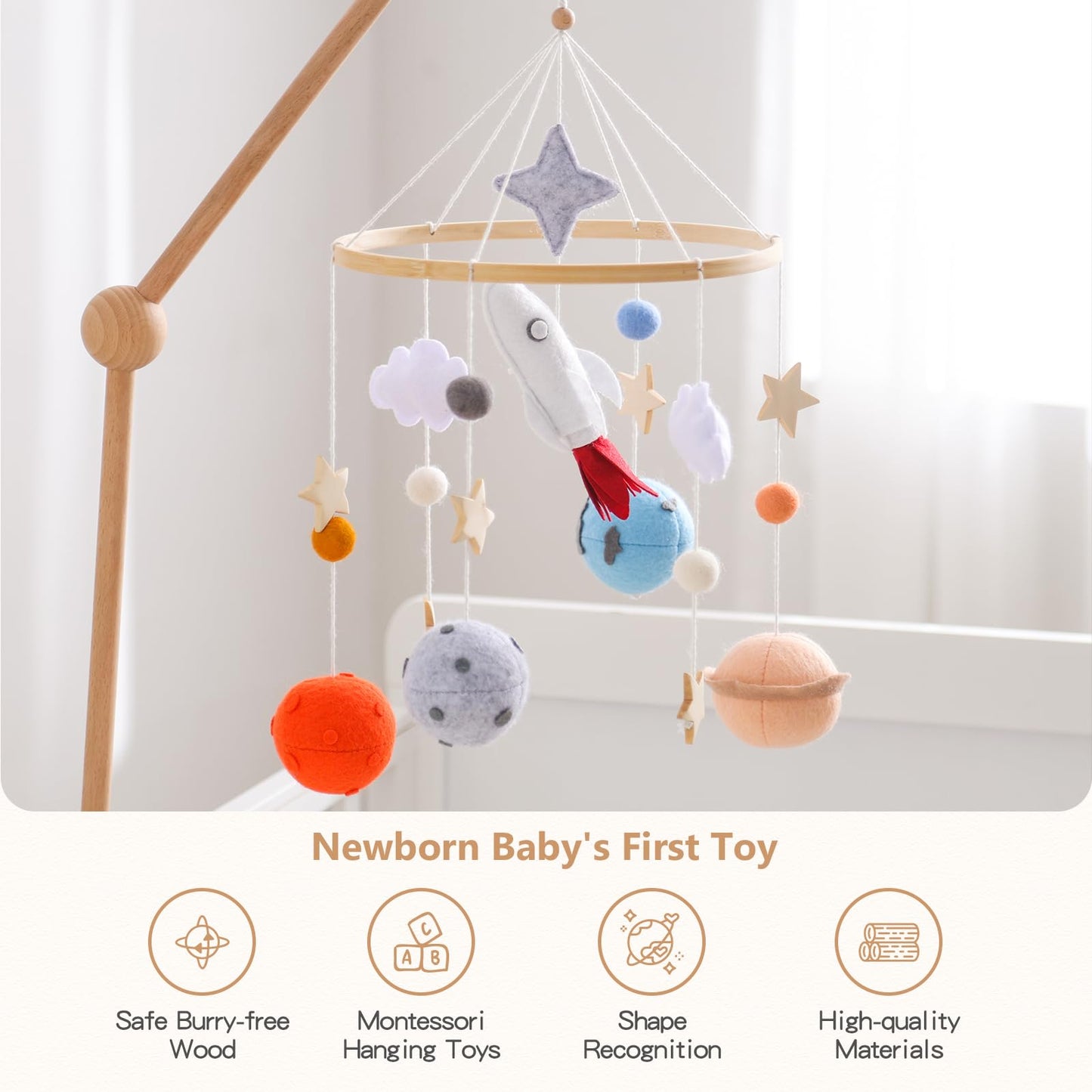 Móvil para cuna de bebé para niños y niñas, Móvil de fieltro de madera para cuna, con temática espacial de astronauta, decoración de cama de bebé, móvil para cuna, regalo para decoración de niños