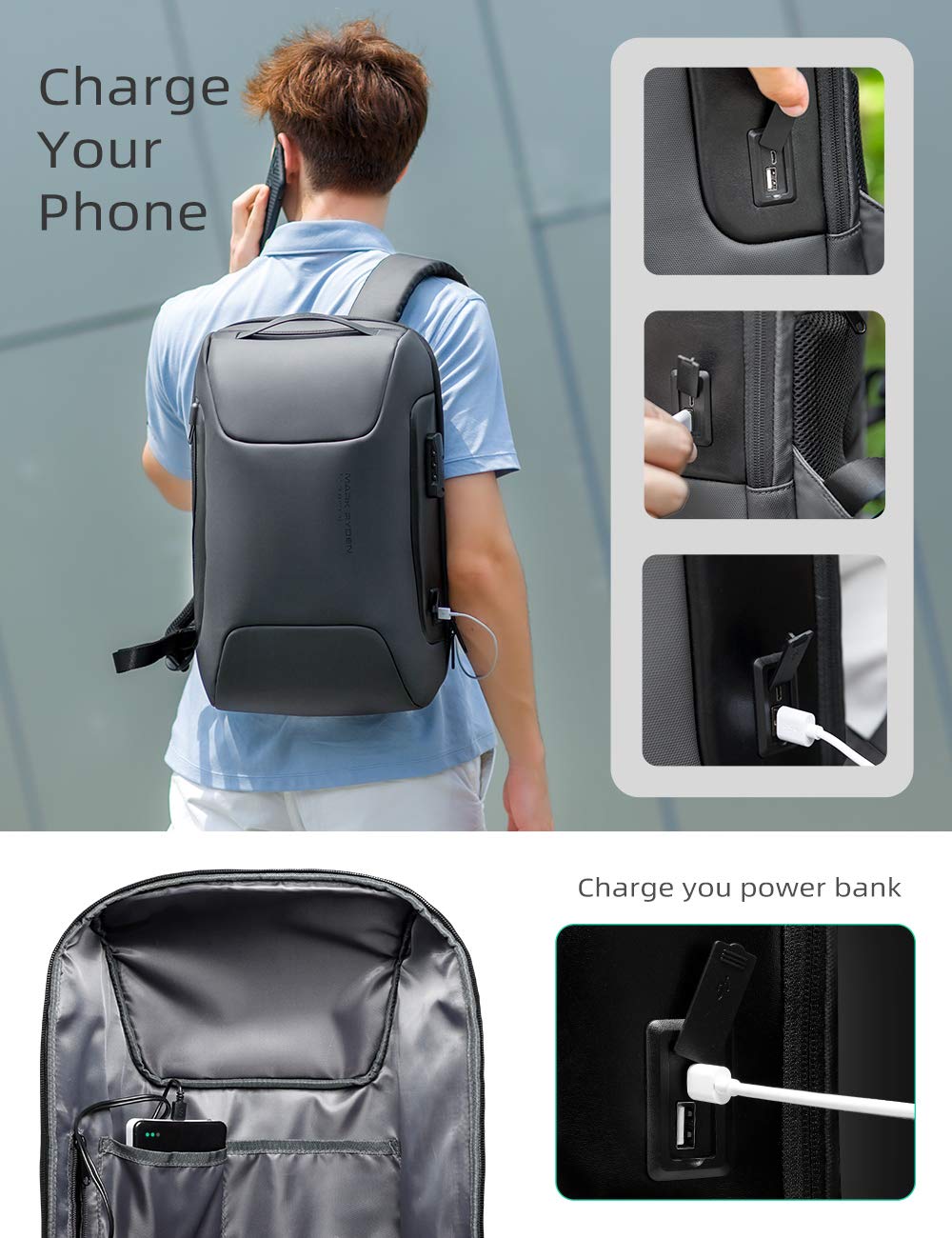 Mochila MARK RYDEN gris resistente al agua con puerto USB y bloqueo TSA para laptop de 15.6 pulgadas para hombre