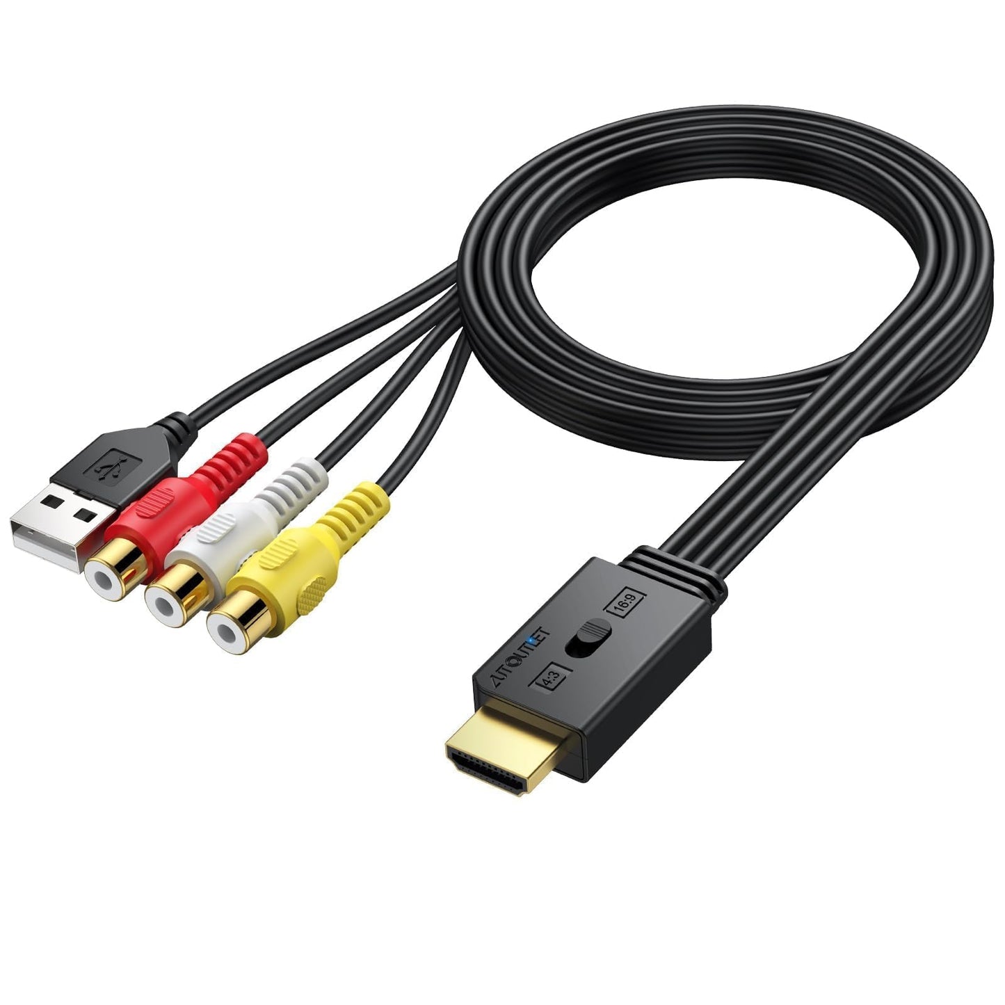 AUTOUTLET Convertidor RCA a HDMI, adaptador AV a HDMI 1080P compatible con conversión 16:9/4:3 y PAL/NTSC, adaptador de audio de vídeo RCA con cable RCA hembra de 60 cm para Wii, PS1/PS2, Xbox, N64