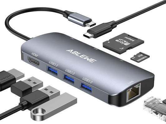 ABLEWE HUB USB C, 8 en 1 Adaptador USB C a hdmi 4K,USB 3.0 3 Puertos,Lector Tarjetas SD/TF,Puerto Gigabit Ethernet,87 Power Delivery Carga,Type C Hub Compatible para MacBook,MacBook Pro,Chromebook