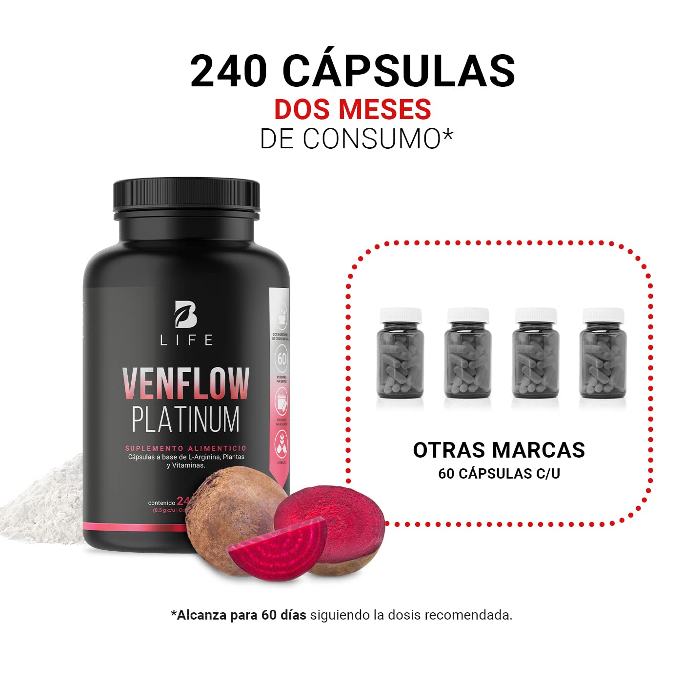 L-Arginina, Resveratrol, Ajo negro, Jengibre y Vitaminas. 240 cápsulas. Ingredientes naturales. Venflow Platinum B Life.