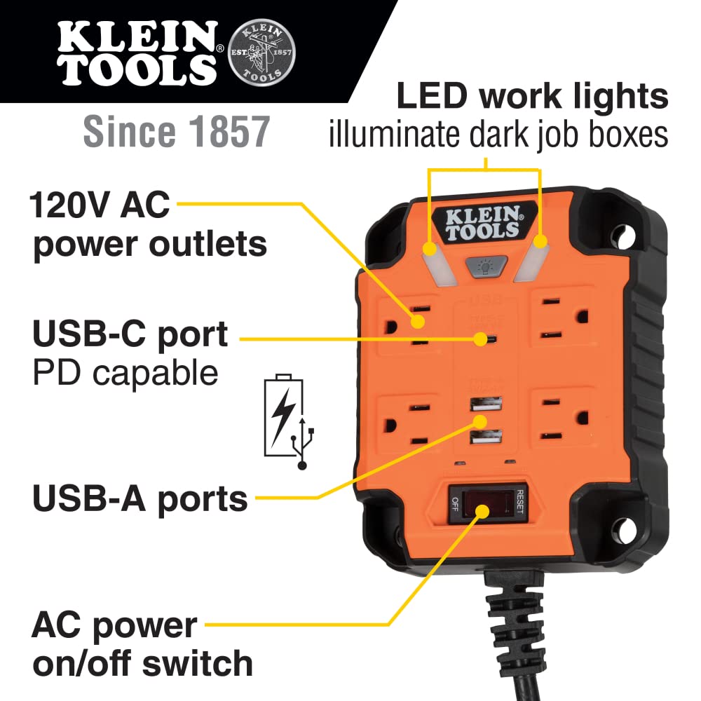 Klein Tools 29601 Multicontacto magnético con Protector de sobretensión, Cable de extensión, 4 Tomas, 3 Puertos USB, Cable de 1.5 Metros, con luz, PowerBox 1