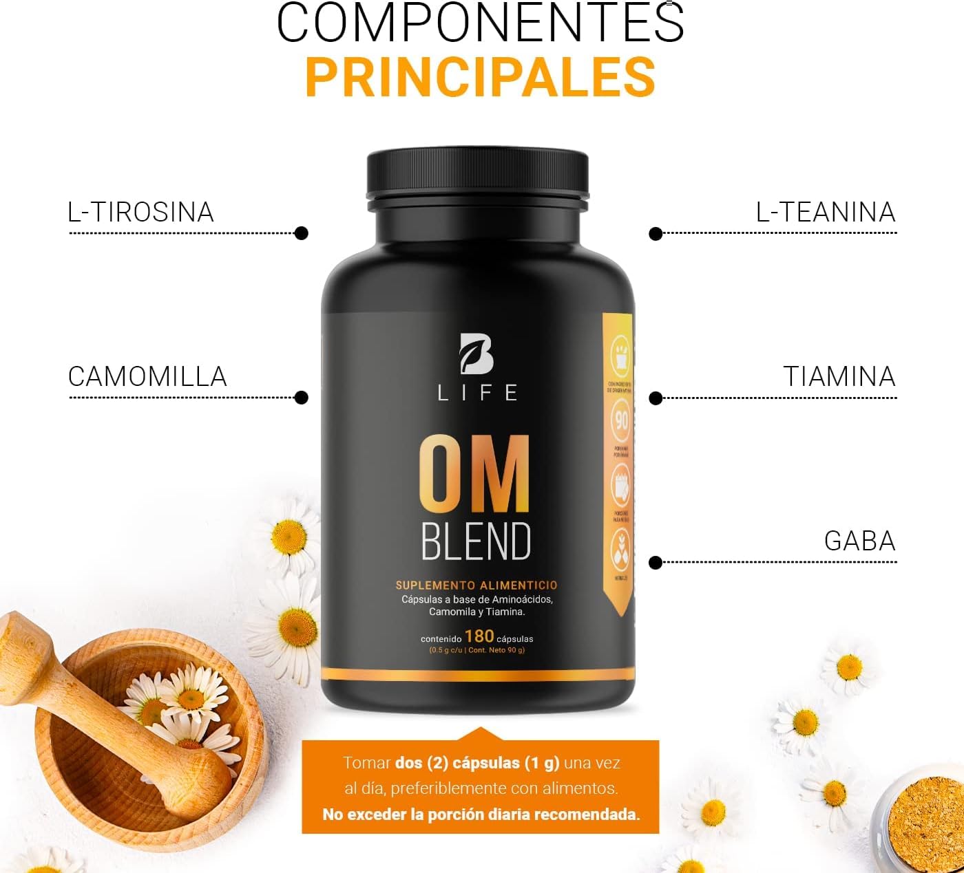 Gaba, Camomila, L-Tirosina, L-Teanina y Vitamina B1. 180 Cápsulas 500 mg. Ingredientes naturales. Om Blend B Life