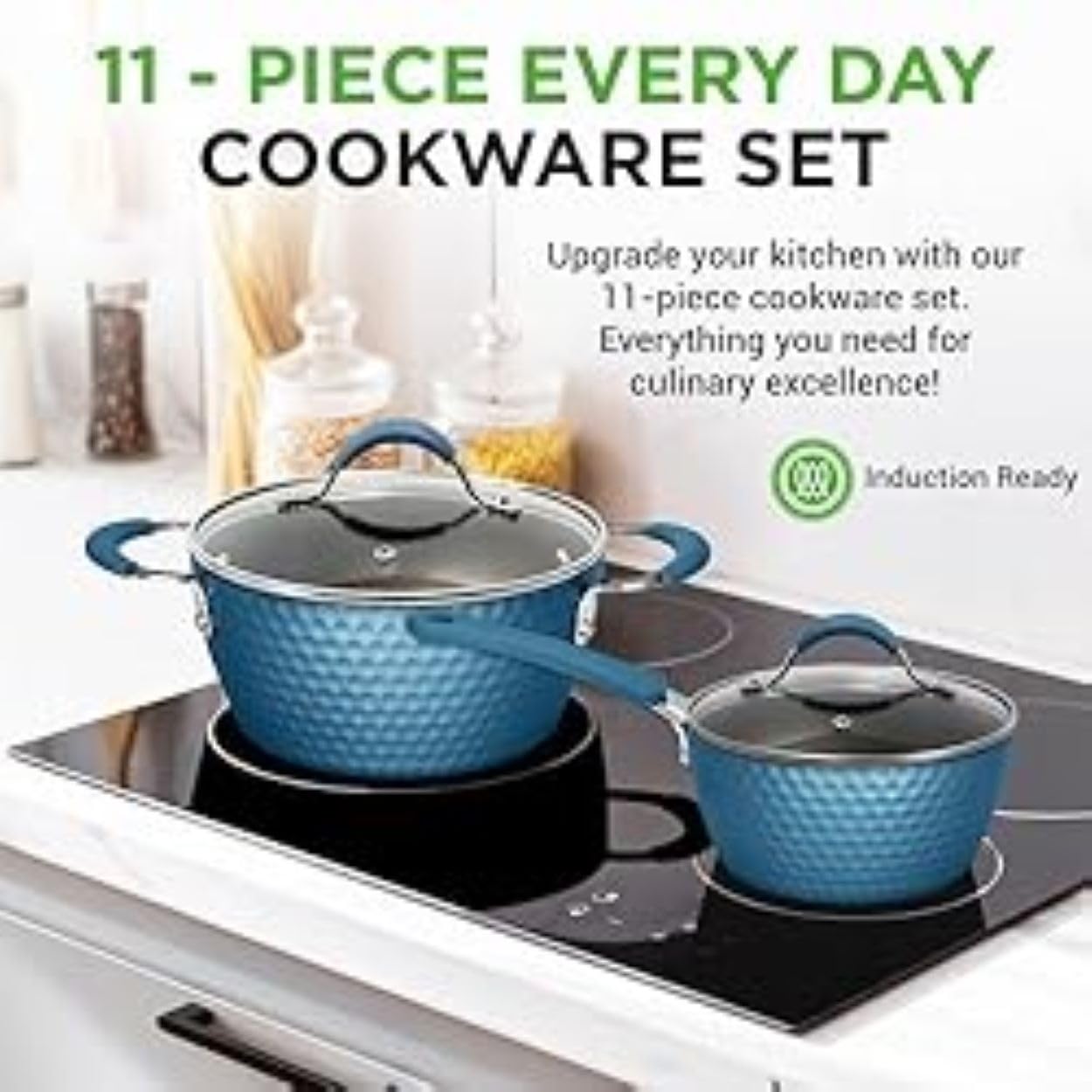nutrichef Nonstick Cookware Excilon, Home Kitchen Ware Pots Pan Set with Saucepan, Frying Pans, Cooking Pots, Lids, Utensil PTFE/PFOA/PFOS Free, 11 Pcs, Azul Royal