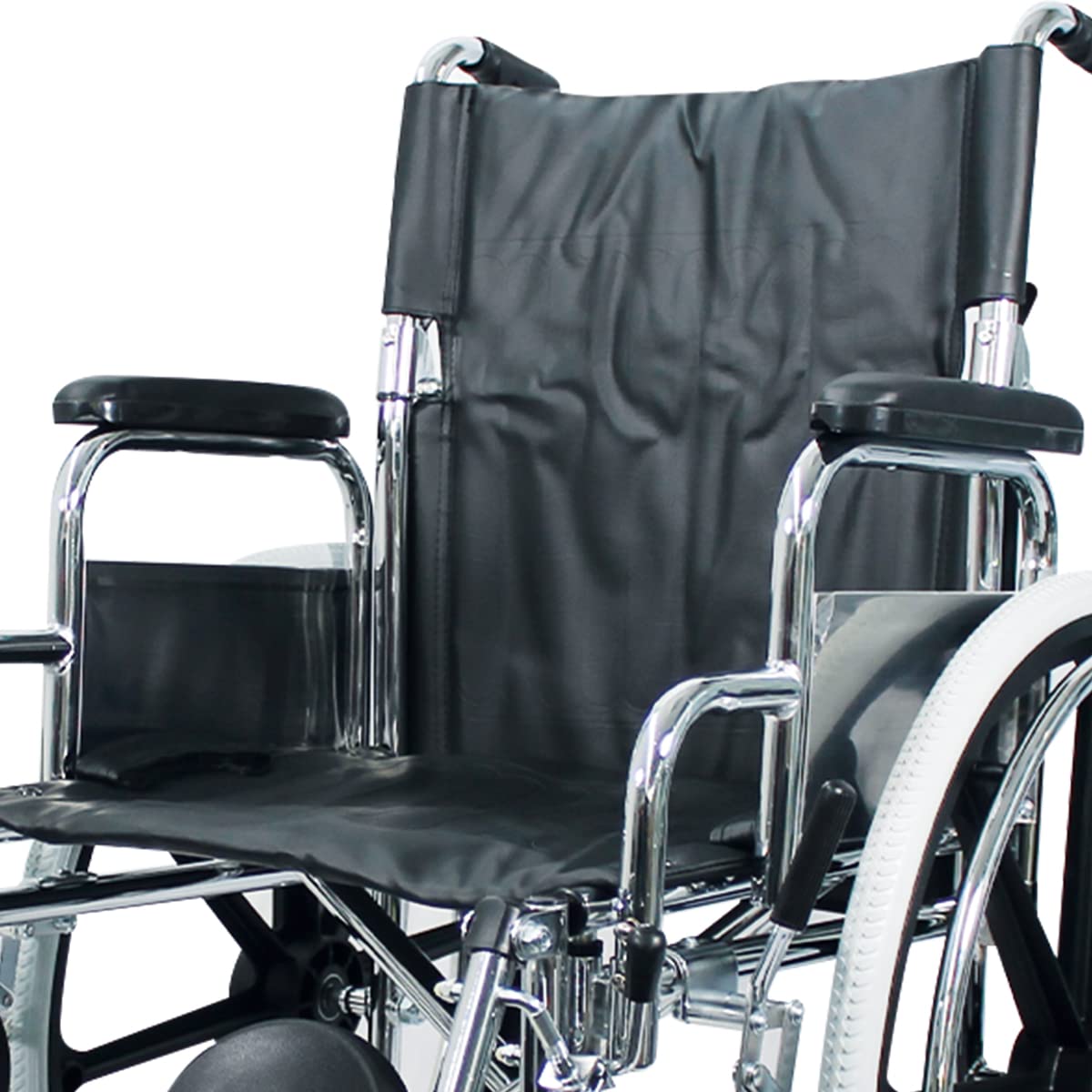 HANDY BY HERGOM Silla de Ruedas Suprema Cromada con Eleva Piernas S400 / Codera blanda / Respaldo abatible / Descansa brazos desmontable tipo escritorio / Frenos reforzados / Doble cruceta antivuelco/ Estructura plegable/ Medidas 89x95 cm